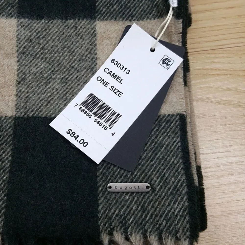 BUGATTI Scarf Mens Tan Green Buffalo Check Plaid 80% Virgin Wool Fringe 66x16